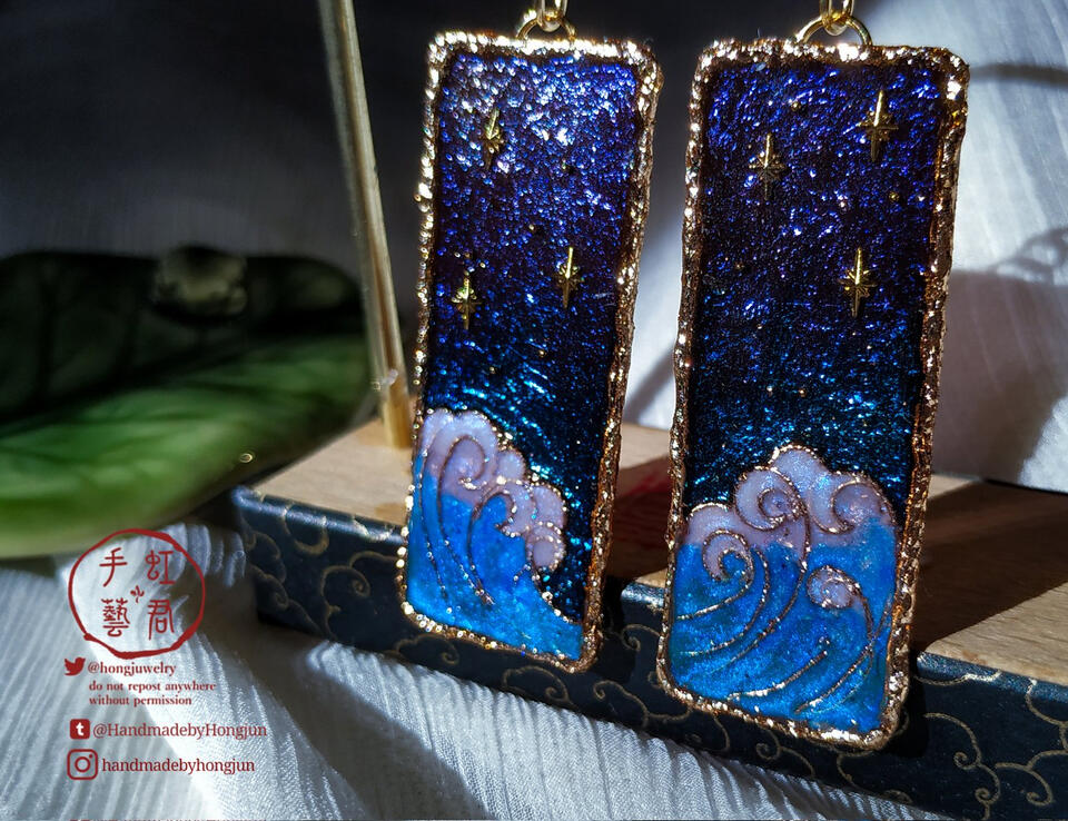 night sky and ocean brass portrait earrings